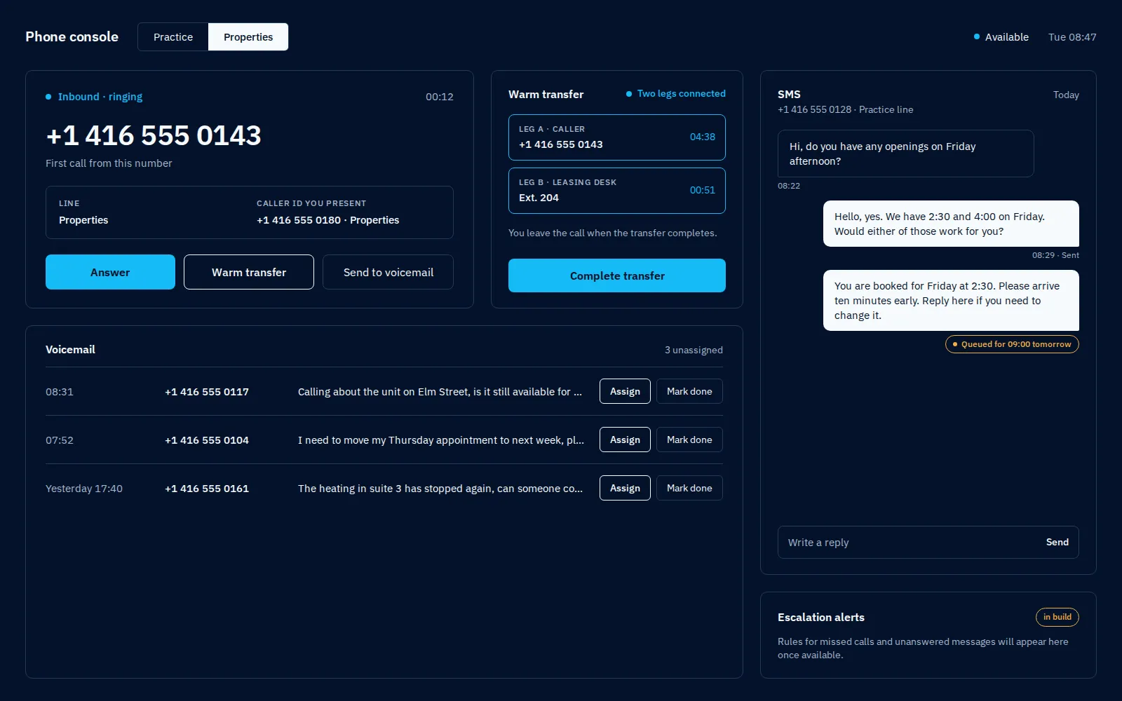 A two line business phone console with an active call, voicemail transcripts and a message thread, sample data.